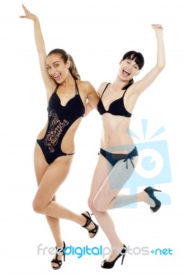 Sexy Bikini Ladies In Joyous Mood Rejoicing Together Stock Photo