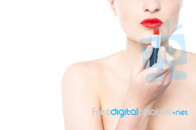 Sexy Model Applying Lipstick, Cropped Image Stock Photo