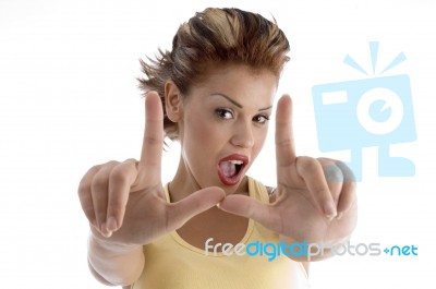 Sexy Model Making Directing Hand Gesture Stock Photo