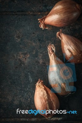 Shallots  On The  Old Metal Background  Vertical Stock Photo