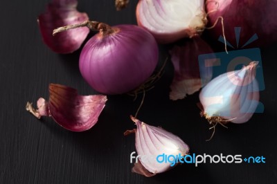 Shallots Still Life Black Background Stock Photo