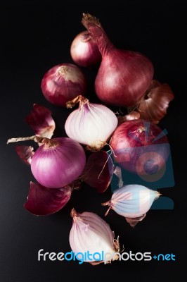 Shallots Still Life Black Background Stock Photo