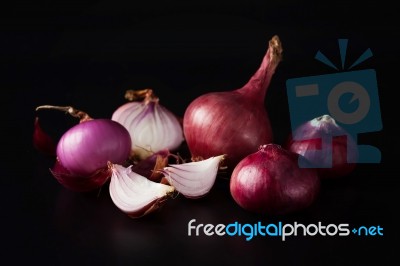 Shallots Still Life Black Background Stock Photo