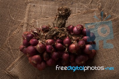 Shallots Still Life Sack Background Stock Photo