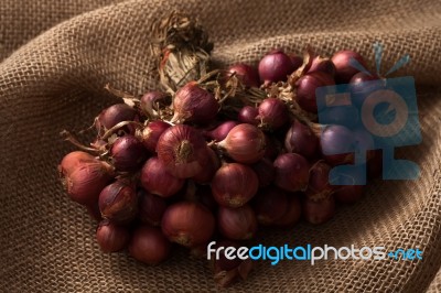 Shallots Still Life Sack Background Stock Photo