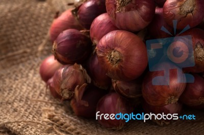 Shallots Still Life Sack Background Close Up Stock Photo