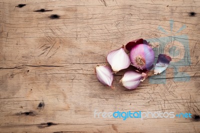 Shallots Still Life Wood Background Stock Photo