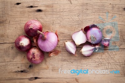 Shallots Still Life Wood Background Stock Photo