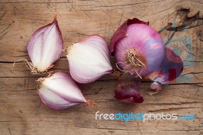 Shallots Still Life Wood Background Stock Photo