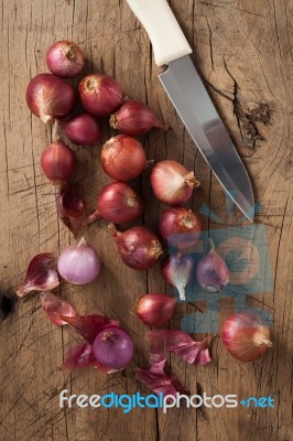 Shallots Still Life Wood Background Stock Photo