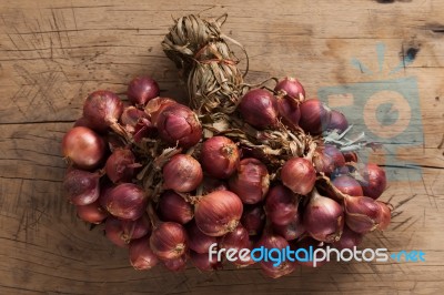 Shallots Still Life Wood Background Stock Photo