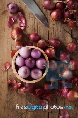 Shallots Still Life Wood Background Stock Photo