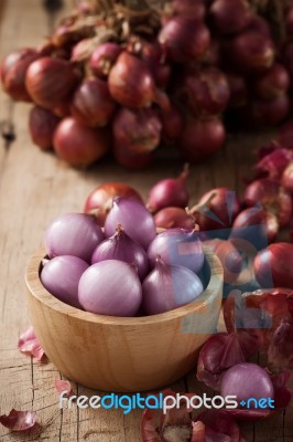 Shallots Still Life Wood Background Stock Photo