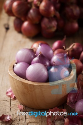 Shallots Still Life Wood Background Stock Photo