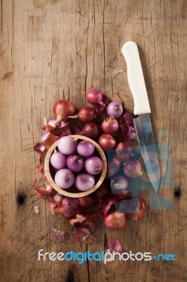 Shallots Still Life Wood Background Stock Photo