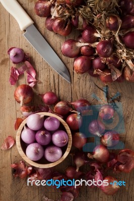 Shallots Still Life Wood Background Stock Photo