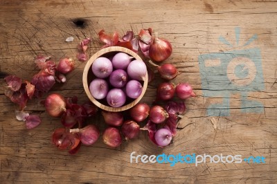 Shallots Still Life Wood Background Stock Photo