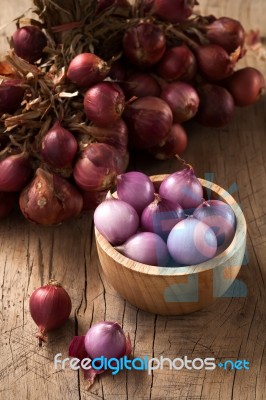 Shallots Still Life Wood Background Stock Photo