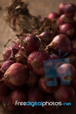 Shallots Still Life Wood Background Close Up Stock Photo