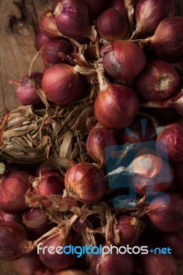 Shallots Still Life Wood Background Close Up Stock Photo