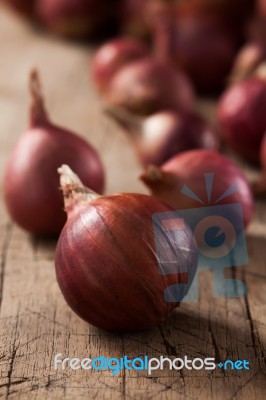 Shallots Still Life Wood Background Close Up Stock Photo