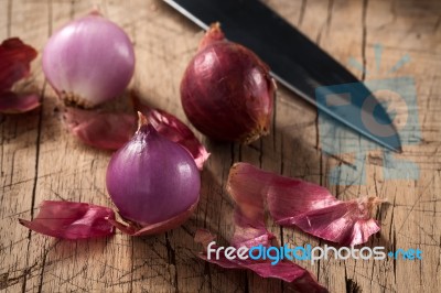 Shallots Still Life Wood Background Close Up Stock Photo