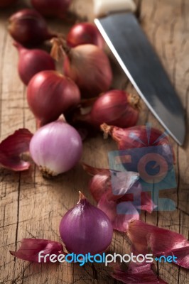 Shallots Still Life Wood Background Close Up Stock Photo