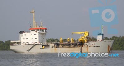 Ship For Contain Industrial Product In River Stock Photo