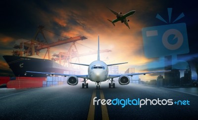 Ship Loading Container In Import - Export Pier And Air Cargo Plane Approach In Airport Use For Transport And Freight Logistic Business Industry Background Stock Photo