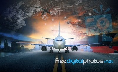 Ship Loading Container In Import - Export Pier And Air Cargo Plane Approach In Airport Use For Transport And Freight Logistic Business Industry Background Stock Photo