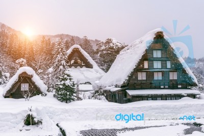 Shirakawa-go Village In Winter, Unesco World Heritage Sites, Japan Stock Photo