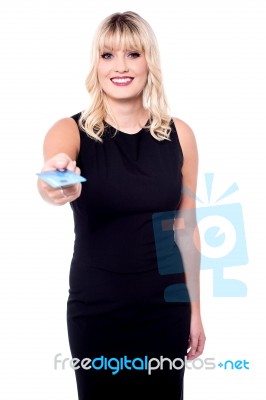 Shopaholic Woman Holding Atm Card Stock Photo