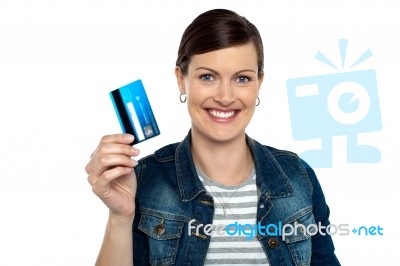 Shopaholic Woman Showing Cash Card Stock Photo