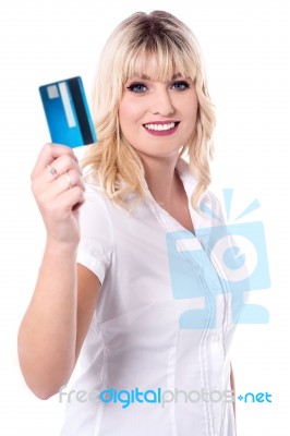 Shopper Woman Holding Debit Card Stock Photo