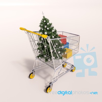 Shopping Cart Full Of Purchases In Packages And Christamas Tree Stock Image