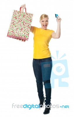 Shopping Lady Holding Credit Card Stock Photo