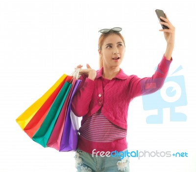 Shopping Woman Self Photographing Stock Photo