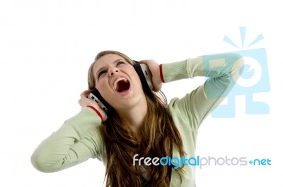 Shouting Lady Listening Music Stock Photo