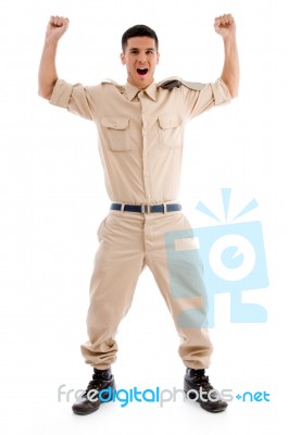 Shouting Soldier Raising Hands Stock Photo