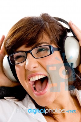 Shouting Woman Listening Music Stock Photo