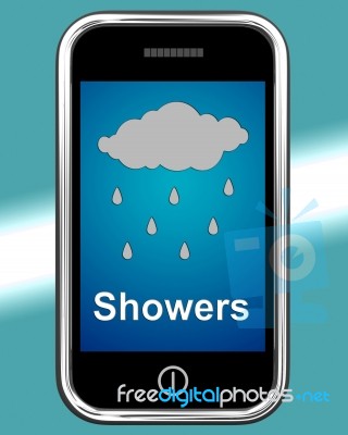 Showers On Phone Means Rain Rainy Weather Stock Image