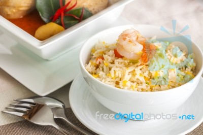 Shrimp Fried Rice And Beef Or Chicken Mussaman Curry Stock Photo