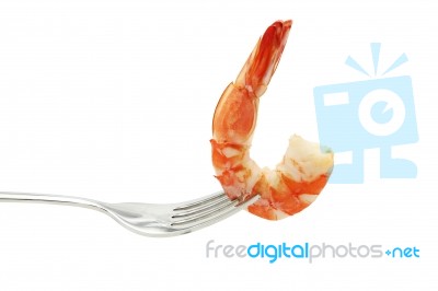 Shrimp On Fork Isolated On White Background Stock Photo