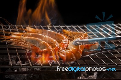 Shrimp ,prawn Grilled On Barbecue Stove Stock Photo