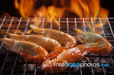 Shrimp ,seafood Grilled On Barbecue Fire Stove Stock Photo