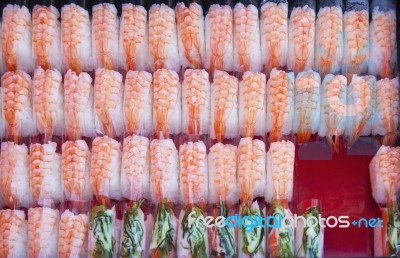 Shrimp Sushi Japanese Food On Red Tray Stock Photo