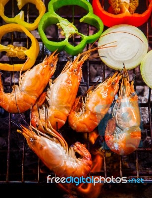 Shrimp,prawns Grilled On Barbecue Fire Stove With Chilly Onion For Seafood Meal Stock Photo