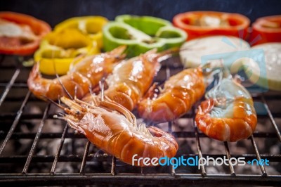 Shrimp,prawns Grilled With Chilly And Onion On Barbecue Stove Stock Photo