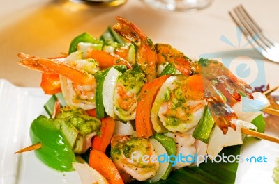 Shrimps And Vegetables Skewers Stock Photo