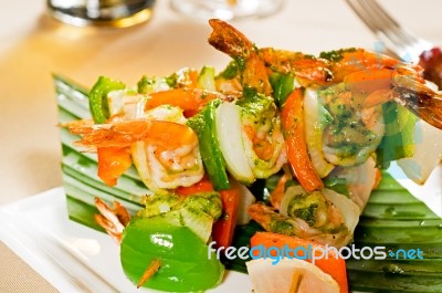 Shrimps And Vegetables Skewers Stock Photo